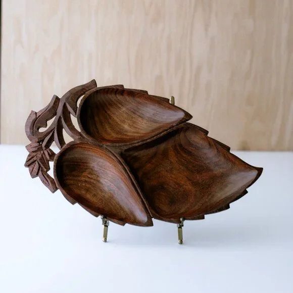 Vintage Hand Carved Wood Divided Leaf Shaped Tray - Picture 1 of 4